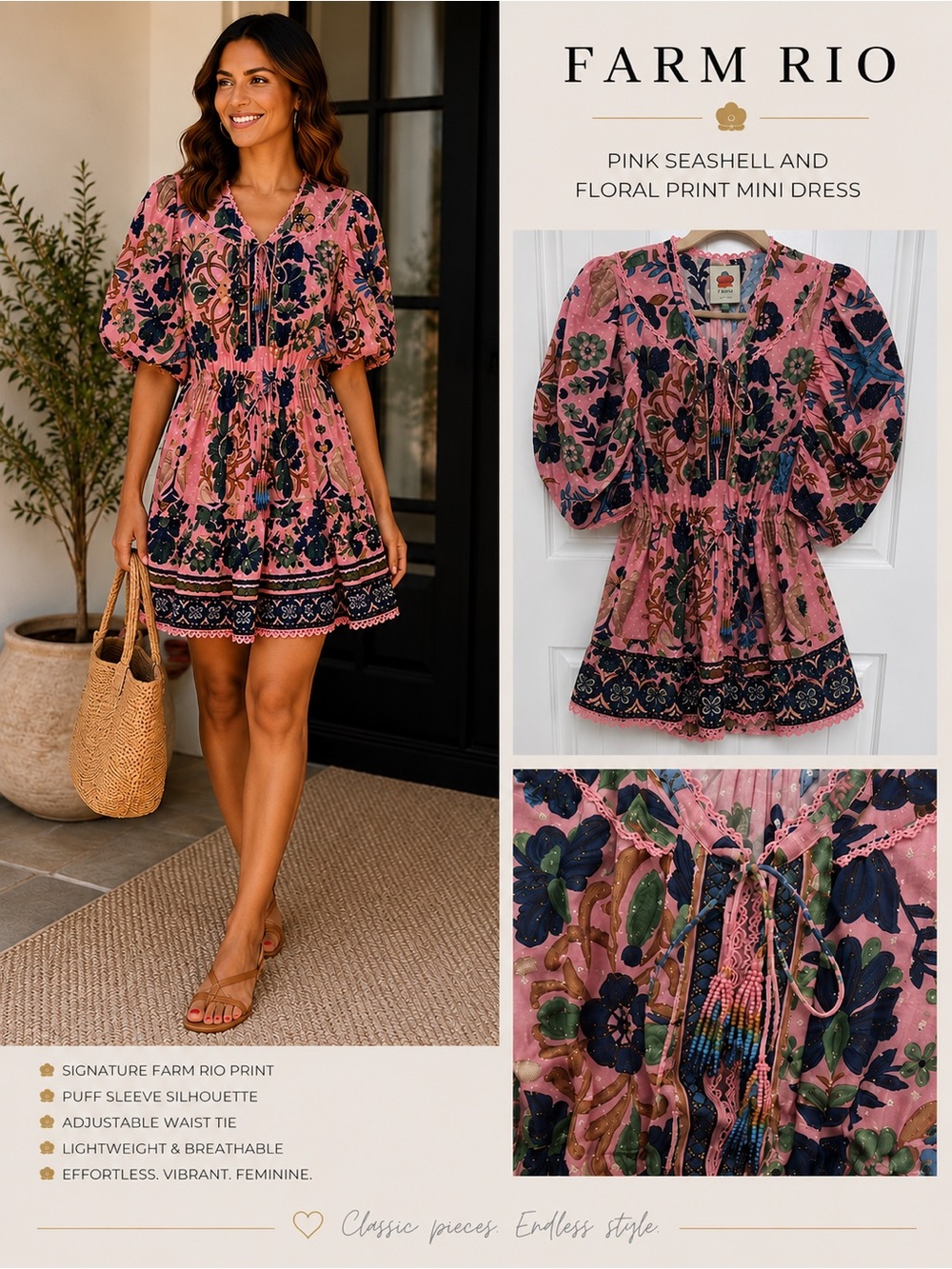 FARM Rio Pink Seashell & Floral Print Mini Dress Size Large - Picture 1 of 10